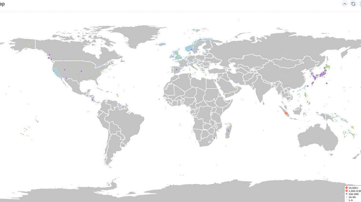 World map in the workbench with collection localities plotted as points, sized by the number of specimens at each.