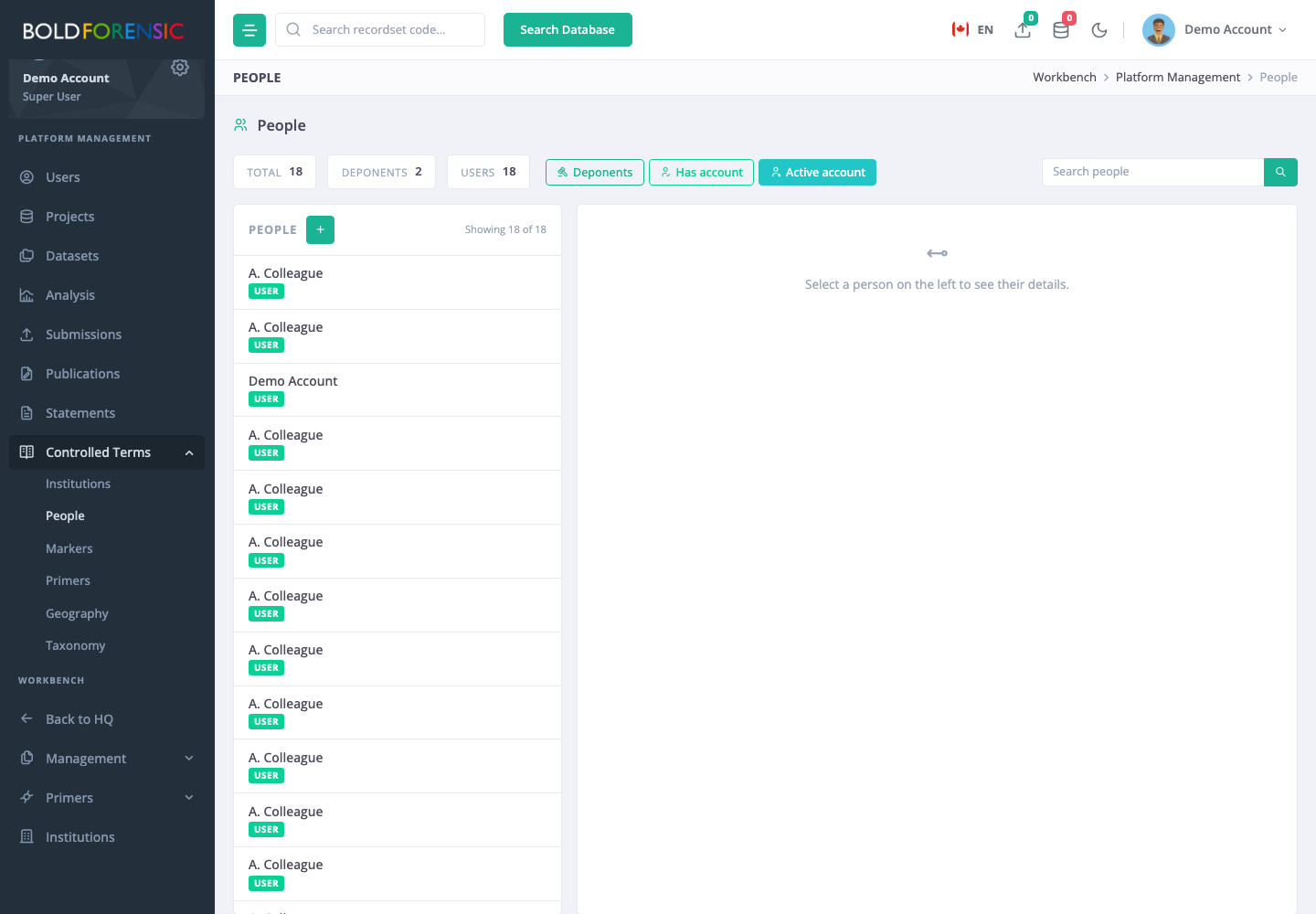 The People page, with filters, search and counts (names shown here are masked)