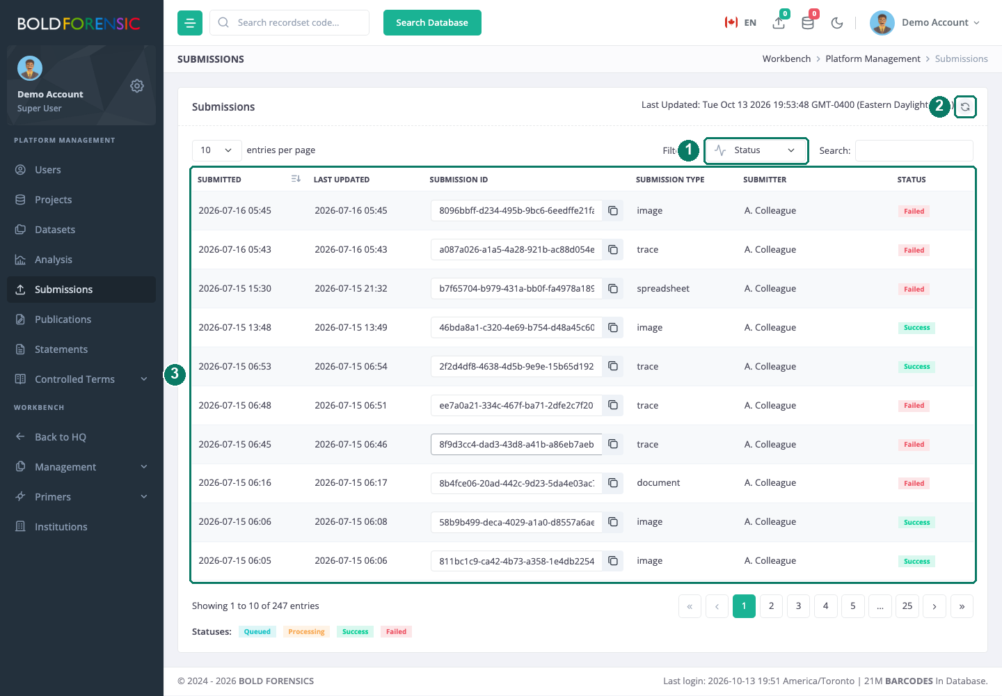 The Submissions page
