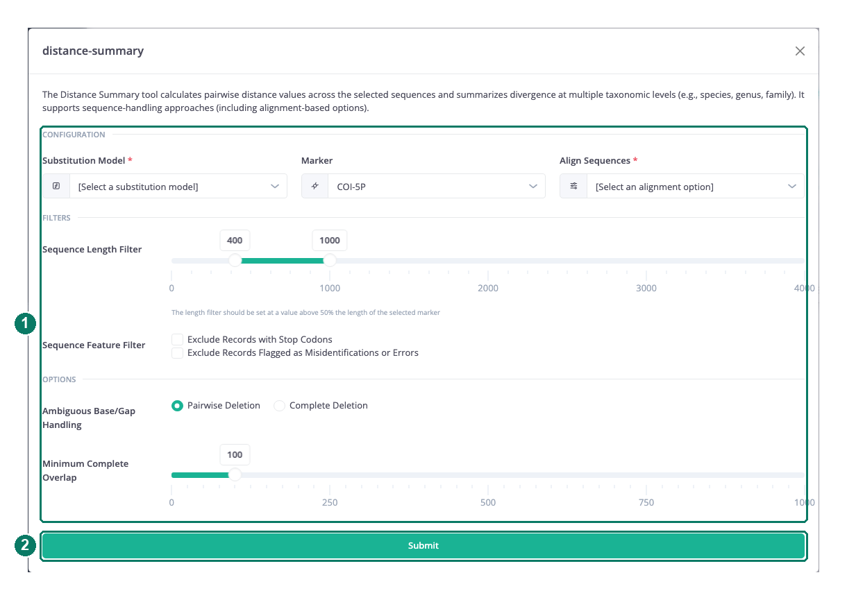 The analysis form for a distance summary