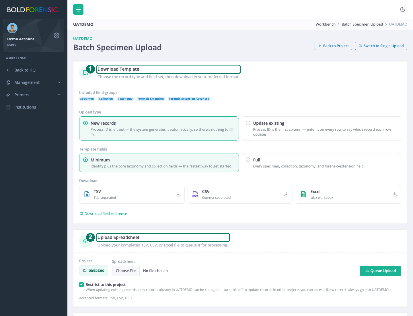 The batch specimen upload page