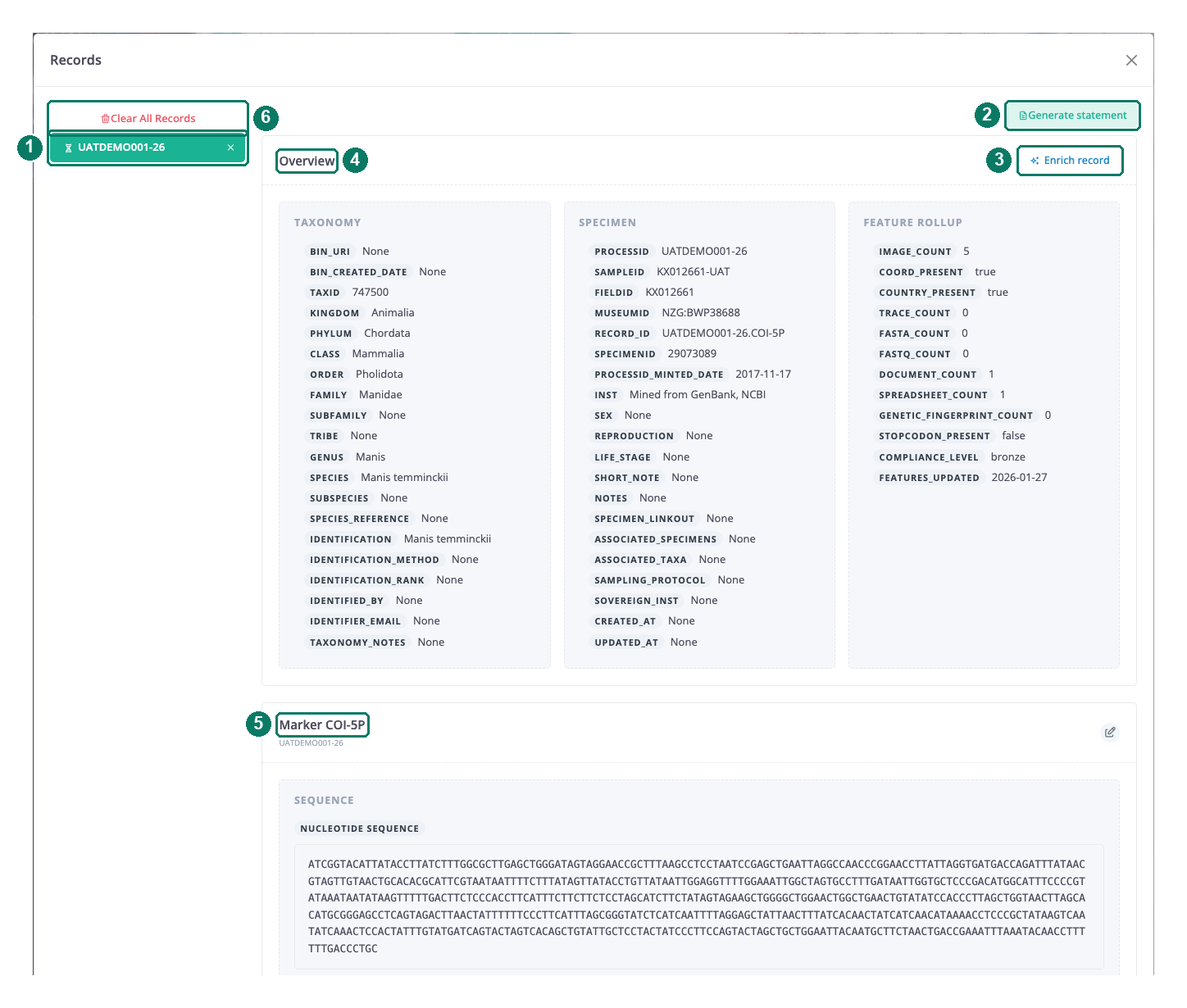 The Records modal with one record open on its genomics tab