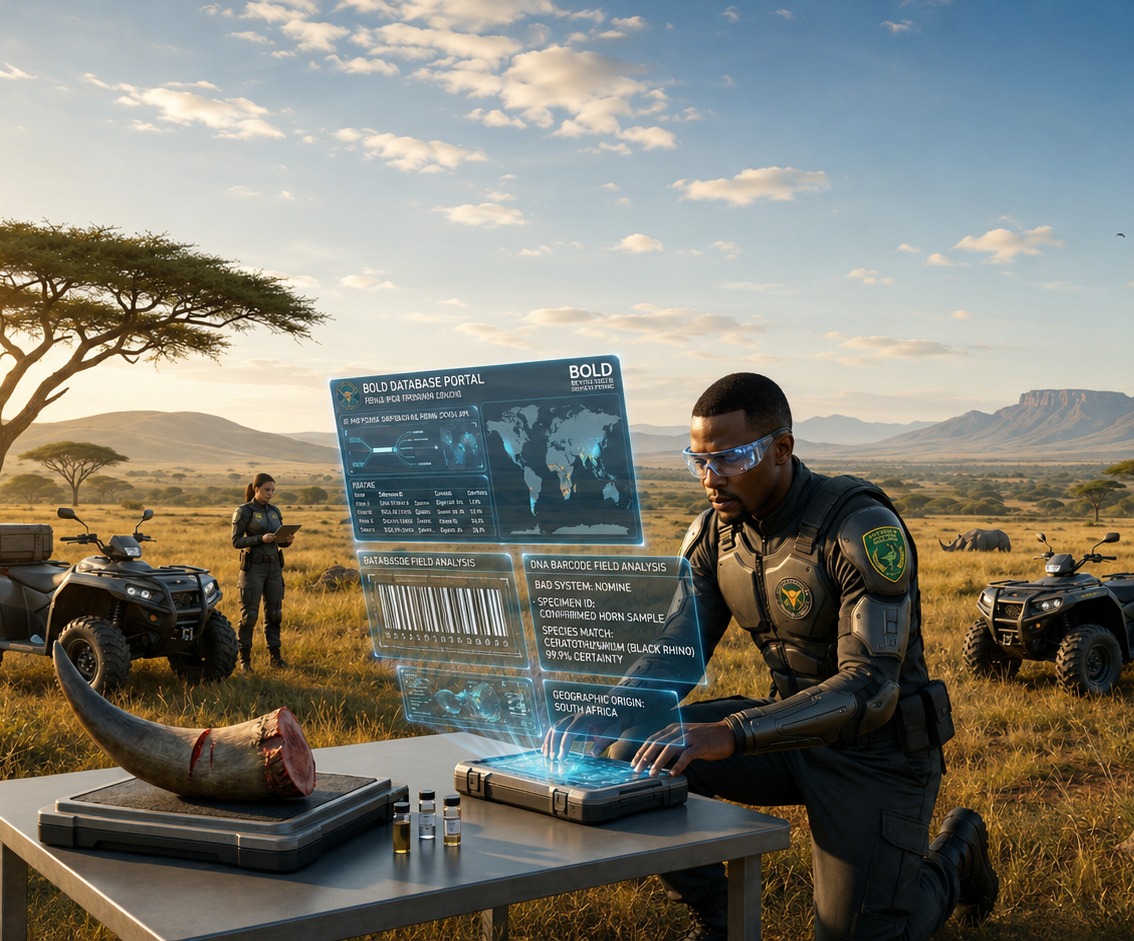 Illustration: a field officer at a folding table beside a seized rhino horn, reviewing DNA barcode results on a portable device, with ranger vehicles on open savanna behind.